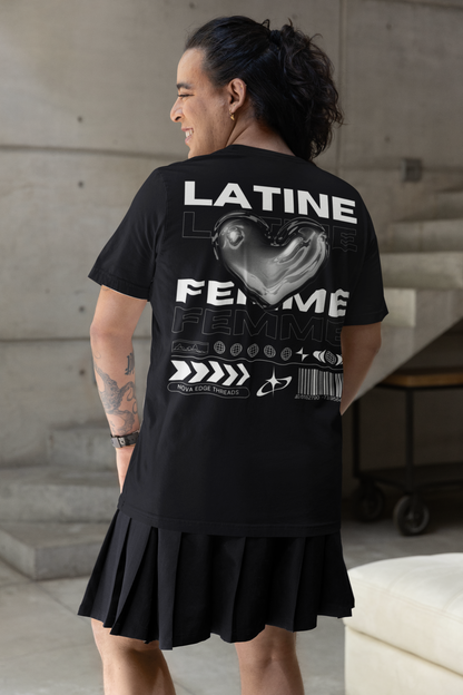 Latine & Femme Chrome Heart Streetwear Pride Gear on Black Oversize Deep Drop Shoulder Tee - 190 GSM