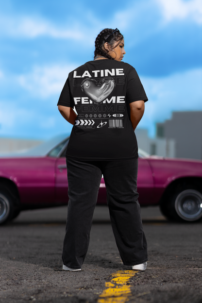 Latine & Femme Chrome Heart Streetwear Pride Gear on Black Oversize Deep Drop Shoulder Tee - 190 GSM