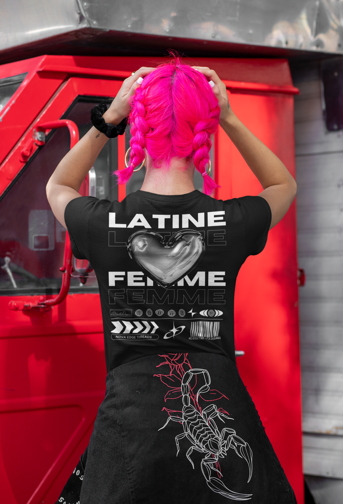 Latine & Femme Chrome Heart Streetwear Pride Gear on Black Oversize Deep Drop Shoulder Tee - 190 GSM