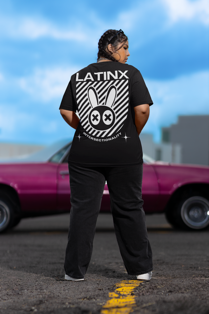 Latinx Graphic Intersectional Pride Streetwear T-Shirt on Black Oversize Deep Drop Shoulder Tee - 190 GSM