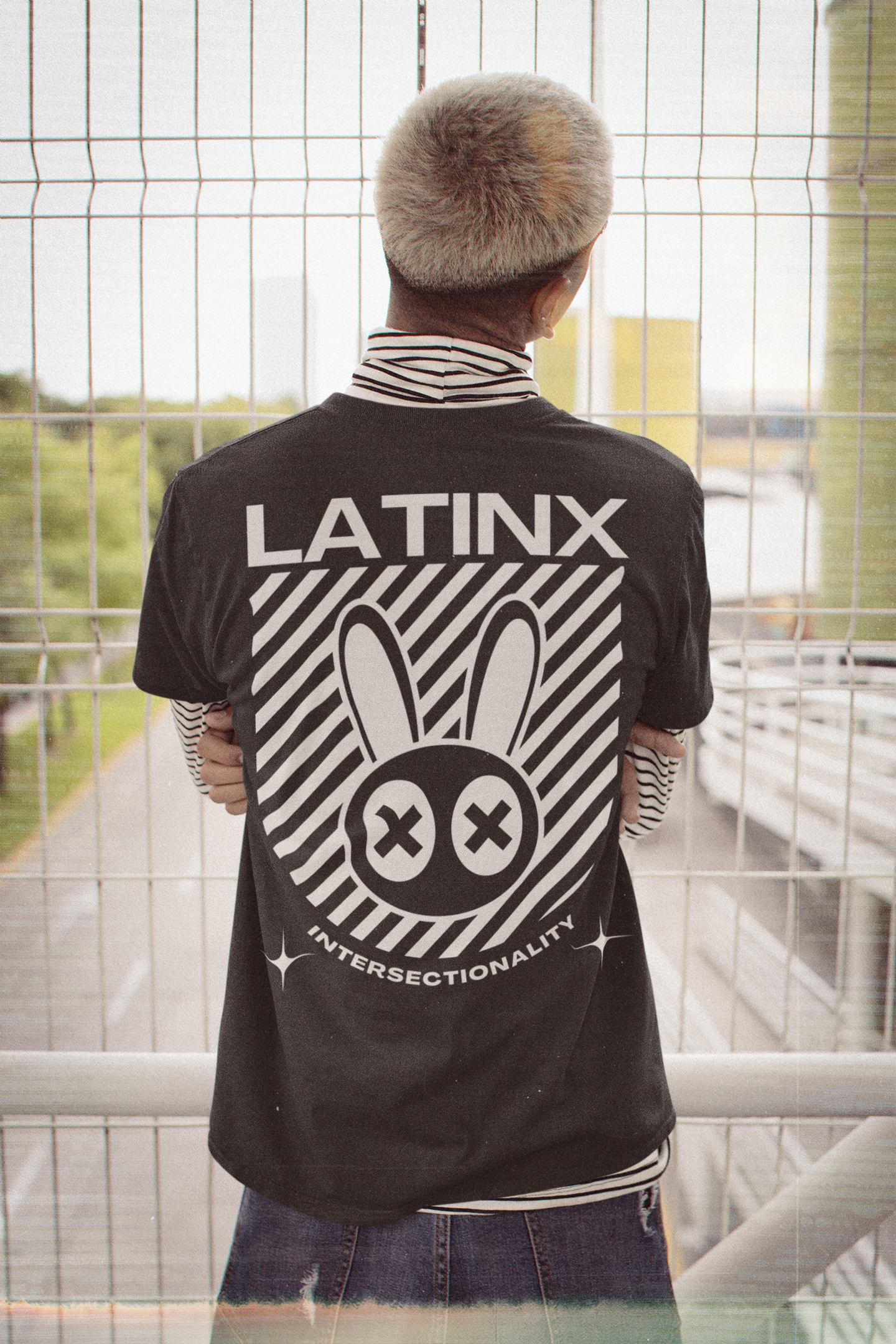 Latinx Graphic Intersectional Pride Streetwear T-Shirt on Black Oversize Deep Drop Shoulder Tee - 190 GSM