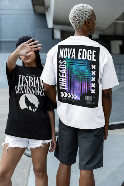 Nova Edge Threads Pink Blue Purple Team Galaxy Graphic Tee LGBTQIA2S+ Pride on back of White Oversize Deep Drop Shoulder Tee - 190 GSM