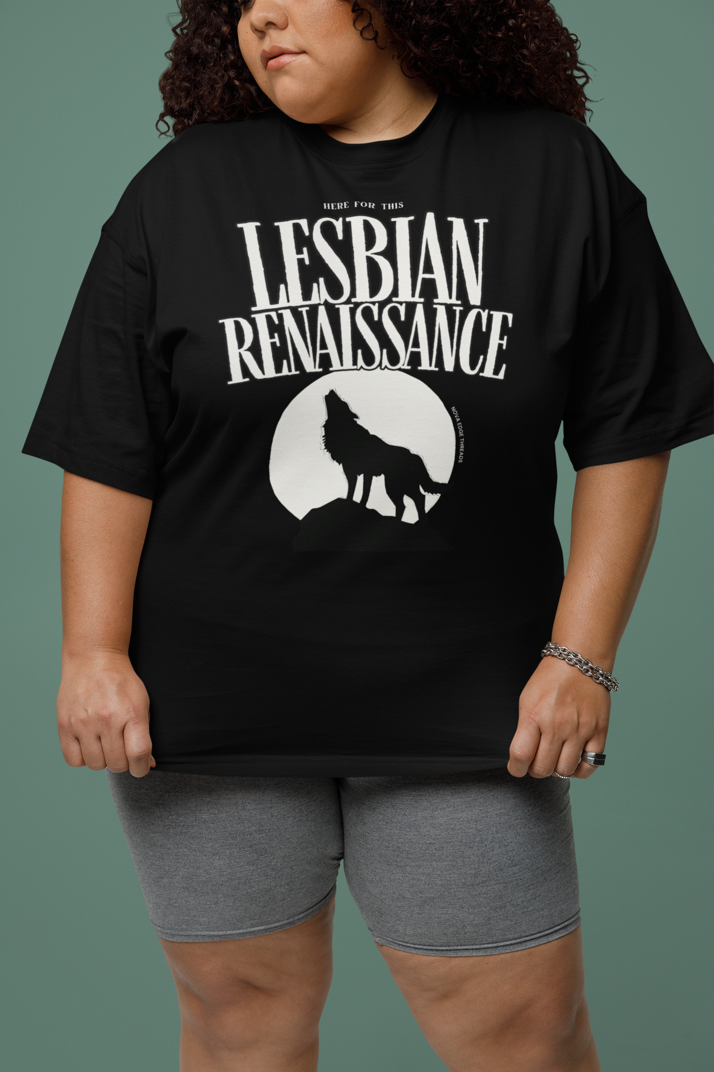 Here for this Lesbian Renaissance Wolf Howling Graphic Tee on front of Black Acid Wash Oversize T-Shirt - 250 GSM