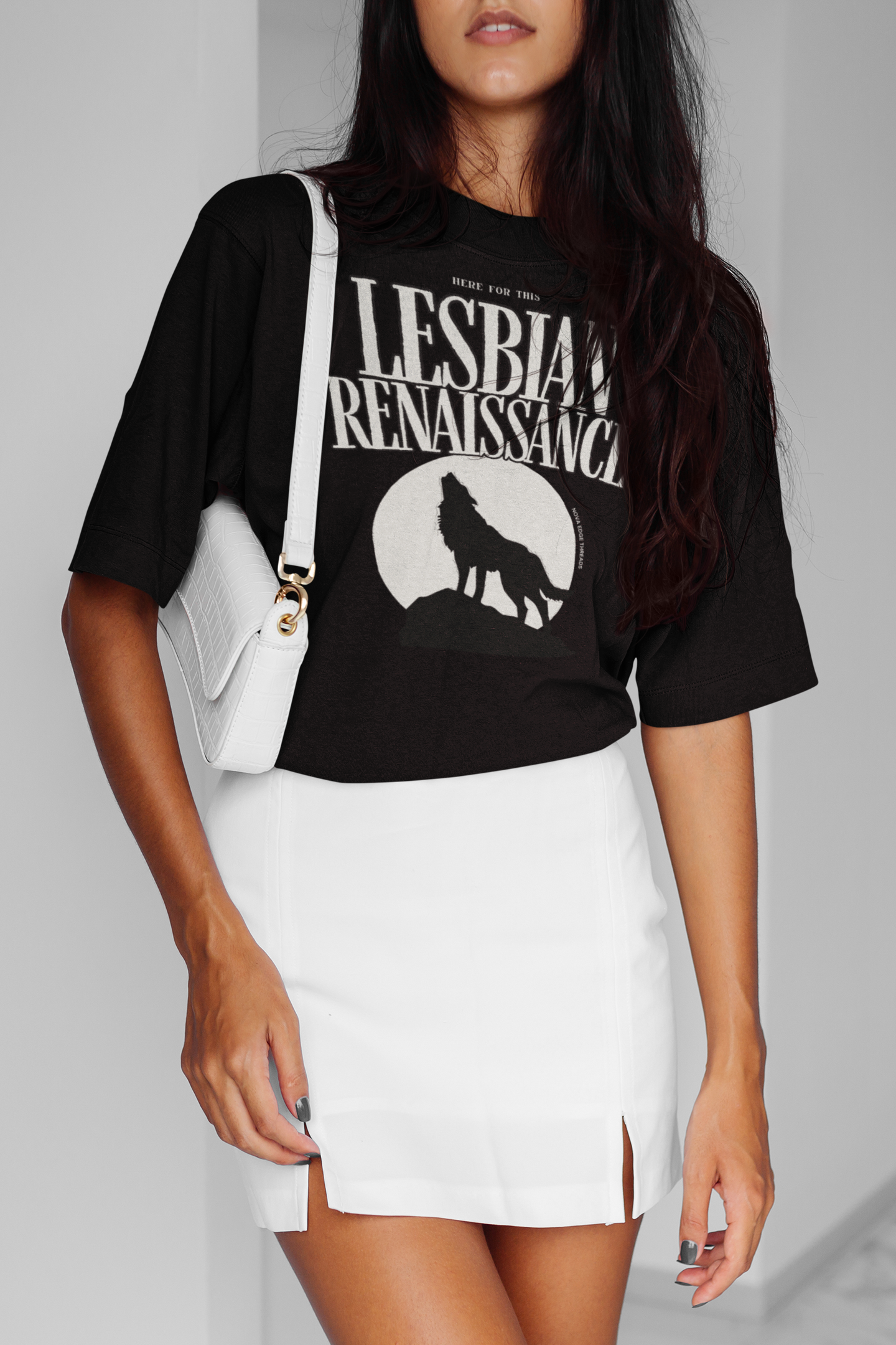 Here for this Lesbian Renaissance Wolf Howling Graphic Tee on front of Black Acid Wash Oversize T-Shirt - 250 GSM