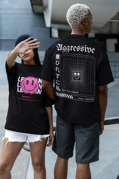 Lesbian Pride T-Shirt Streetwear Style Black Pink Smiley on Black Oversize Deep Drop Shoulder Tee - 190 GSM