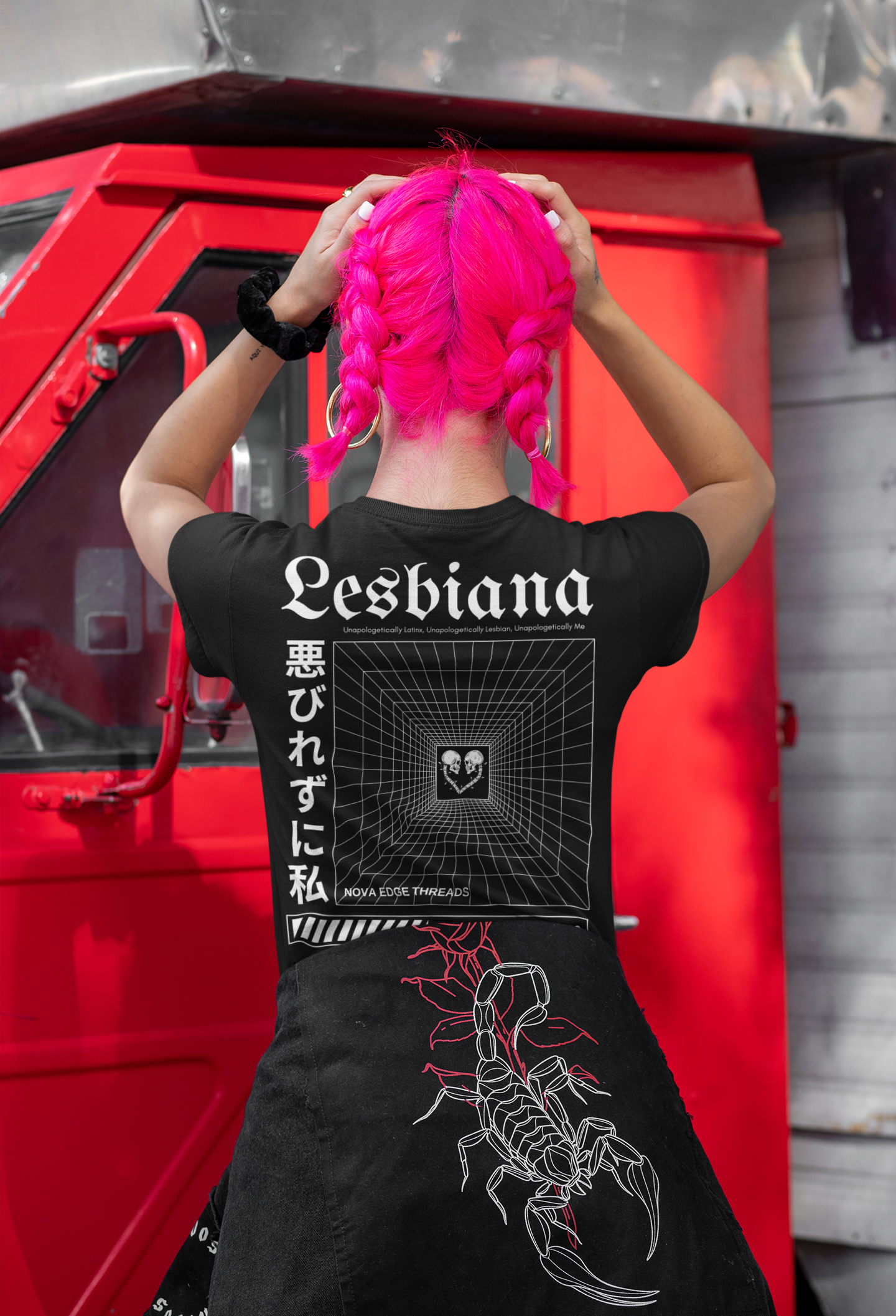 Unapologetically Lesbiana Graphic Tee Streetwear Latina Lesbian Pride on Black Oversize Deep Drop Shoulder Tee - 190 GSM