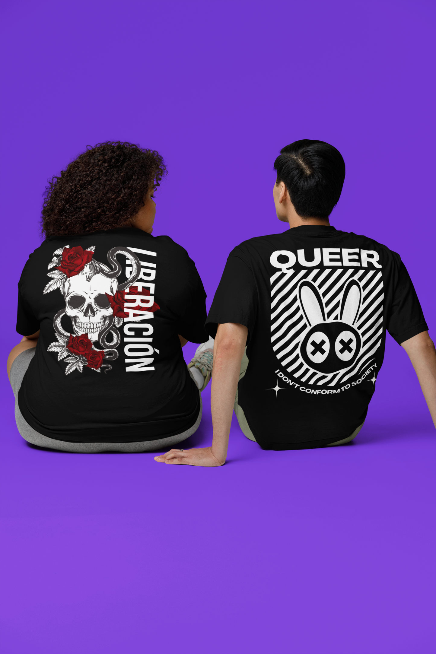 Queer Graphic Tee I Don't Conform to Society on Black Oversize Deep Drop Shoulder Tee - 190 GSM