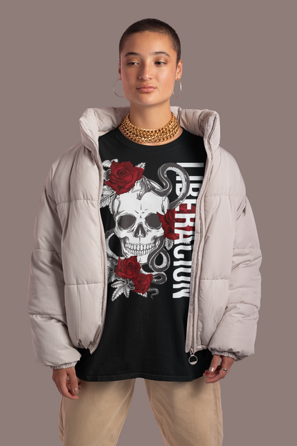 Liberación Skull & Roses Graphic Tee Tattoo Culture Streetwear Spanish Pride Oversize Deep Drop Shoulder Tee - 190 GSM