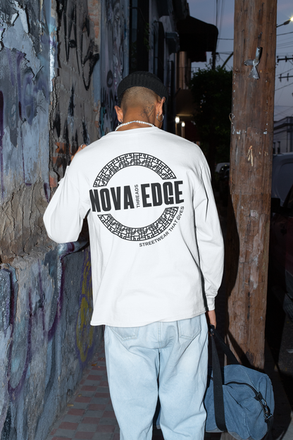 Nova Edge Threads Logo Graphic Tee on White Oversize Deep Drop Shoulder Tee - 190 GSM