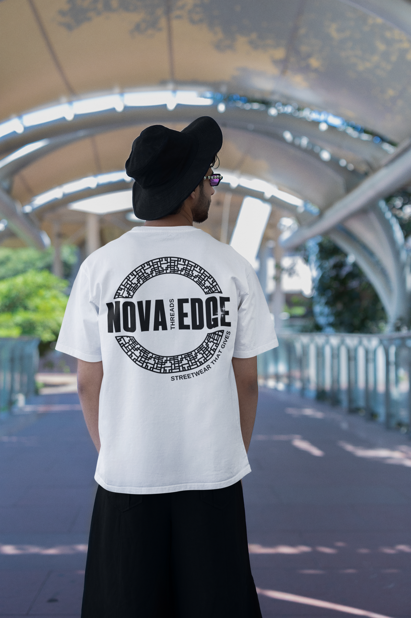 Nova Edge Threads Logo Graphic Tee on White Oversize Deep Drop Shoulder Tee - 190 GSM