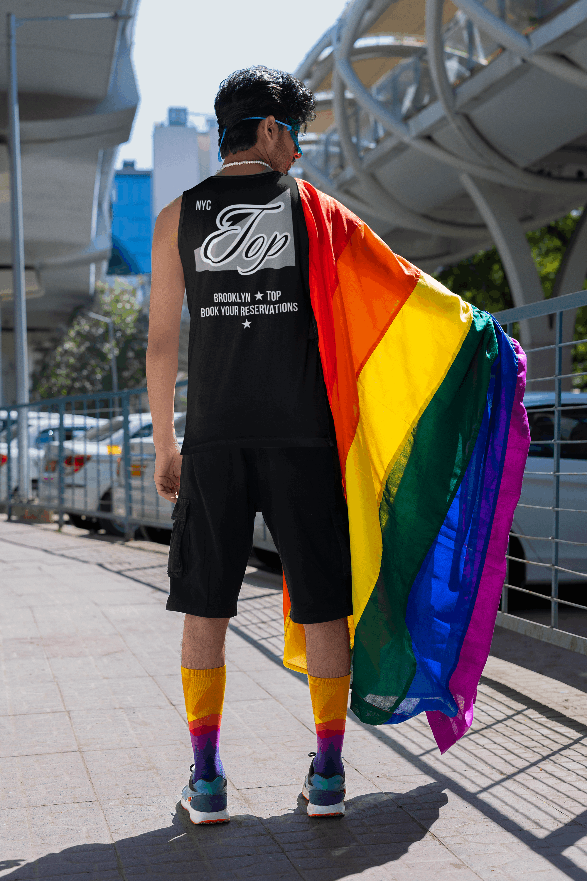 NYC Top Book your Reservations Brooklyn Gay Pride on back of Black Sleeveless Tank Top Relaxed Fit Sleeveless Tank Top