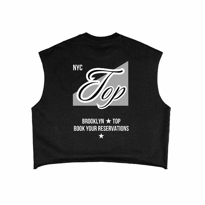 Black sleeveless french terry boxy tank top with NYC Top Pride Top and Brooklyn Top Book your reservations