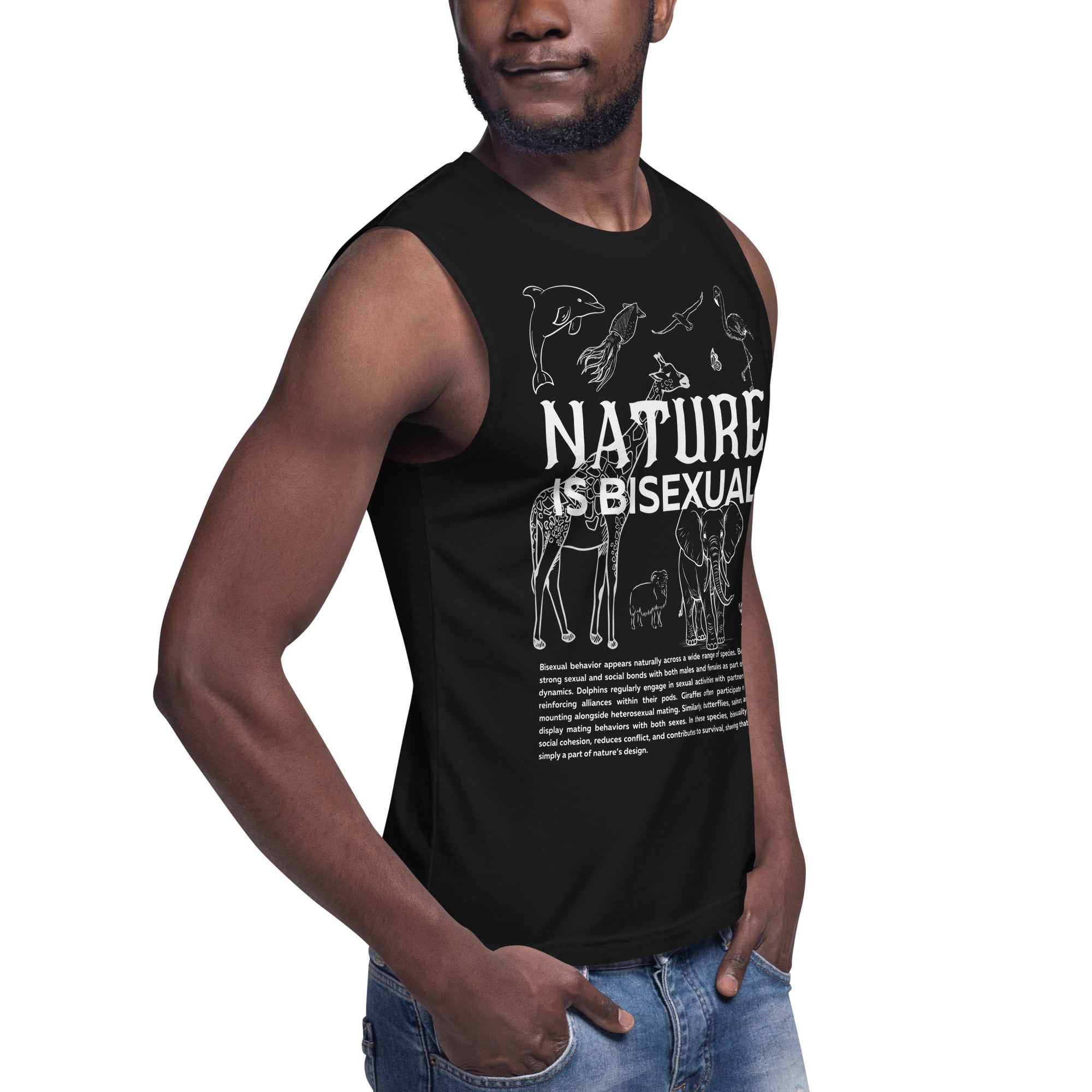 White Sketch and Text on Black Tank Top saying Nature is Bisexual with outlines of plants and animals 