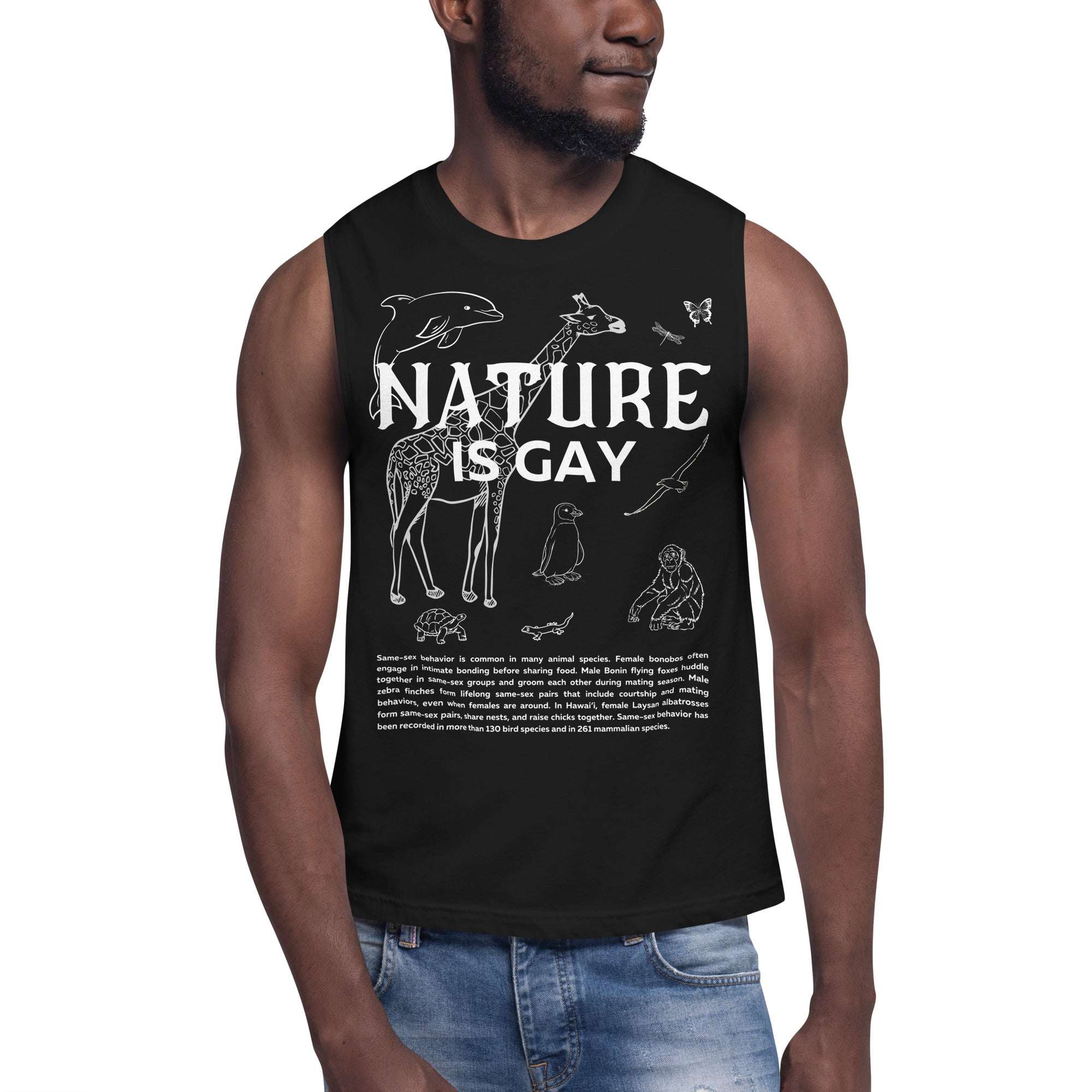 Nature is Gay T-Shirt for Pride Everyday on Black Relaxed Fit Sleeveless Tank Top