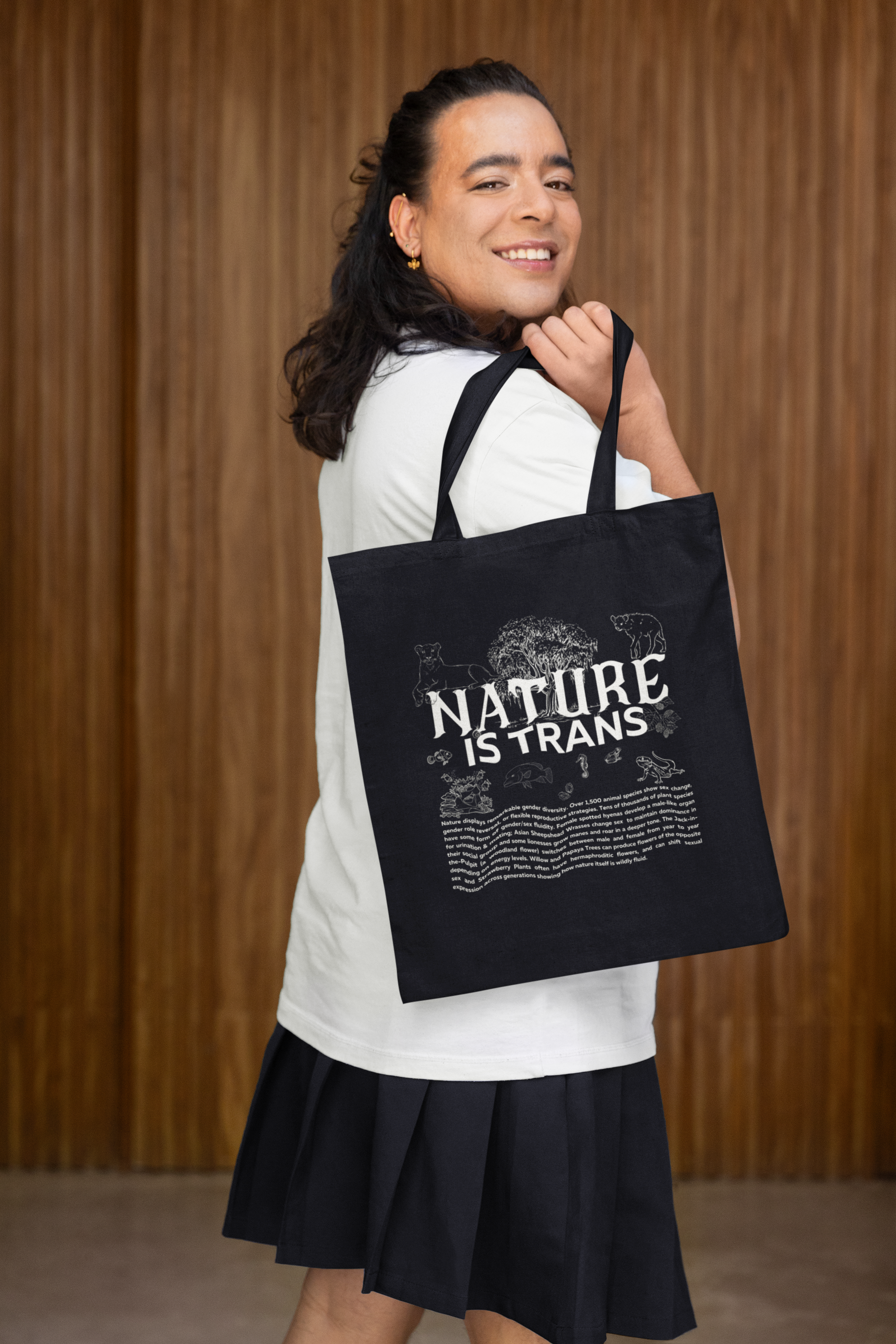 Nature is Trans Graphic Sketch Design on Black Eco Tote Bag