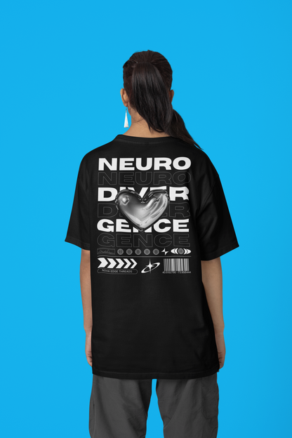 Neurodivergence Graphic Tee Chrome Heart Streetwear Fashion Disability Pride Black Oversize Deep Drop Shoulder Tee - 190 GSM