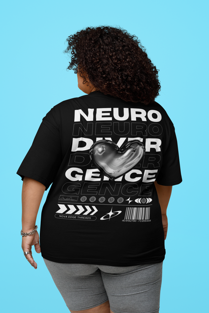 Neurodivergence Graphic Tee Chrome Heart Streetwear Fashion Disability Pride Black Oversize Deep Drop Shoulder Tee - 190 GSM