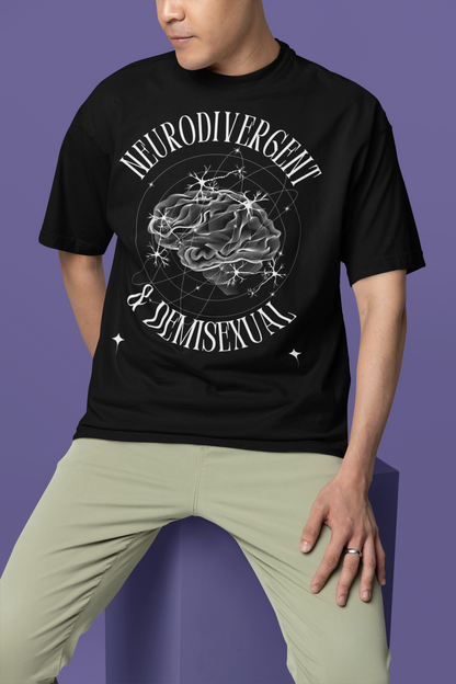 Neurodivergent and Demisexual Graphic Tee Disability Pride Streetwear Oversize Deep Drop Shoulder Tee - 190 GSM