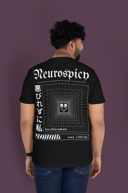 Unapologetically Neurospicy Graphic Tee Japanese Streetwear Neurodiversity Pride on Black Oversize Deep Drop Shoulder Tee - 190 GSM