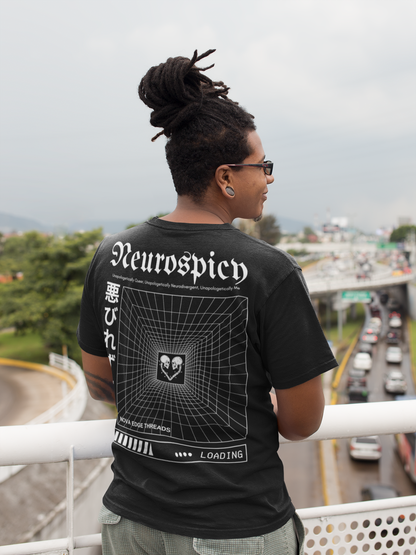 Unapologetically Neurospicy Graphic Tee Japanese Streetwear Neurodiversity Pride on Black Oversize Deep Drop Shoulder Tee - 190 GSM