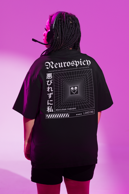 Unapologetically Neurospicy Graphic Tee Japanese Streetwear Neurodiversity Pride on Black Oversize Deep Drop Shoulder Tee - 190 GSM