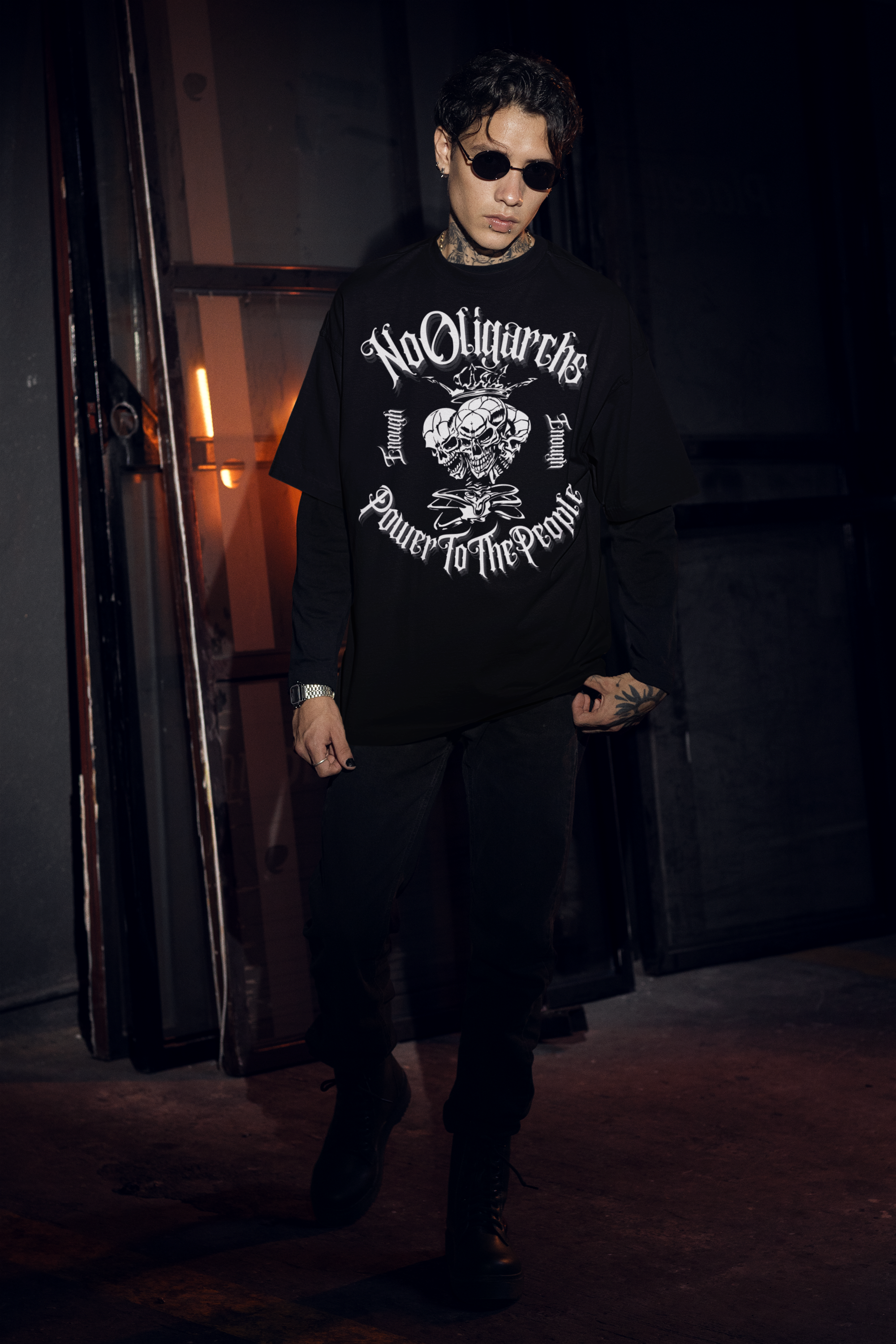 No Oligarchs Power to the People Protest T-Shirt Gothic Oversize Tee Oversize Deep Drop Shoulder Tee - 190 GSM