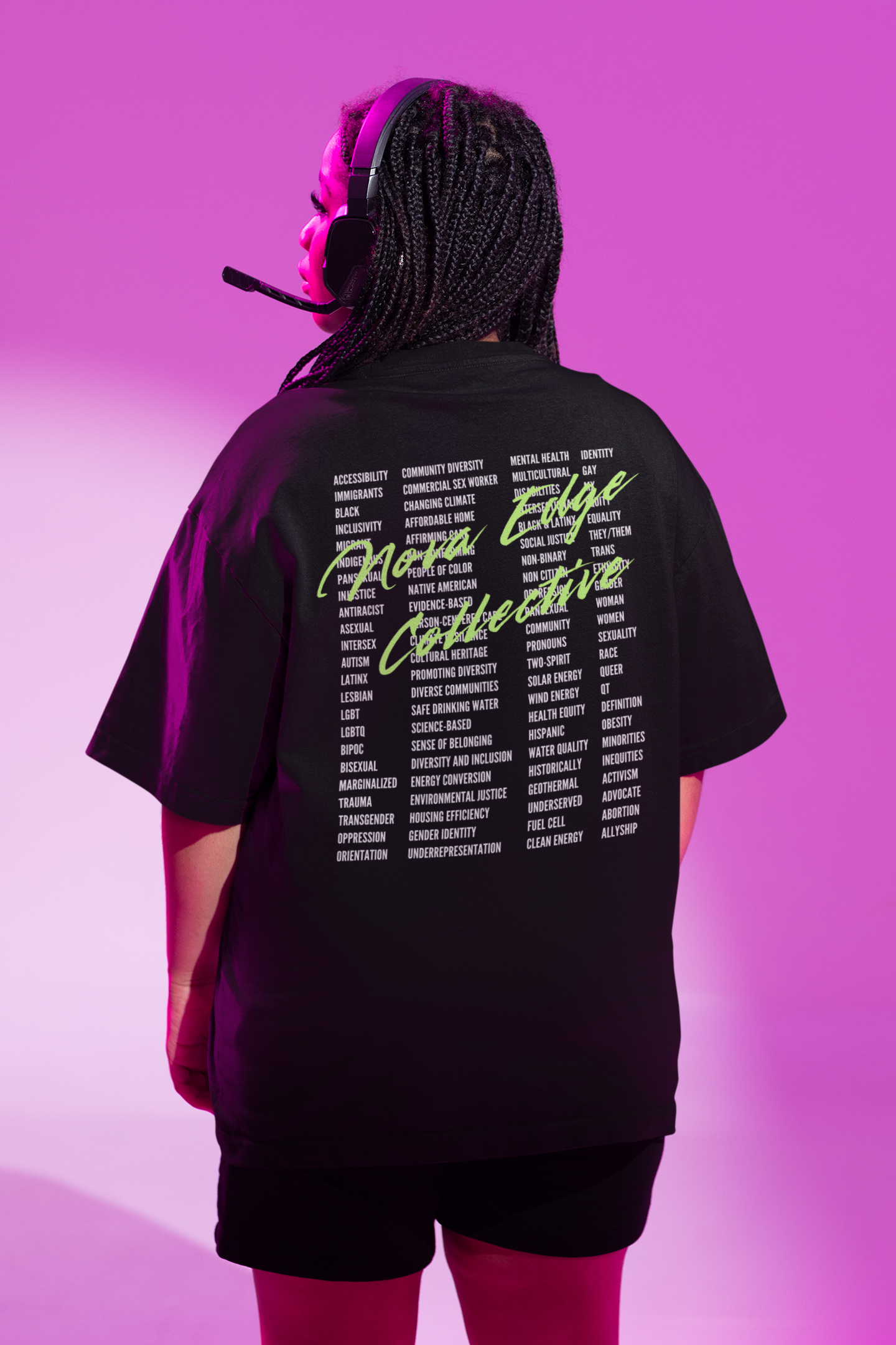 List of banned words listed down the full back of an oversized Tee and bright green script lettering saying Nova Edge Collective across the back
