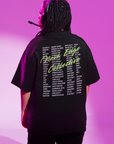 List of banned words listed down the full back of an oversized Tee and bright green script lettering saying Nova Edge Collective across the back
