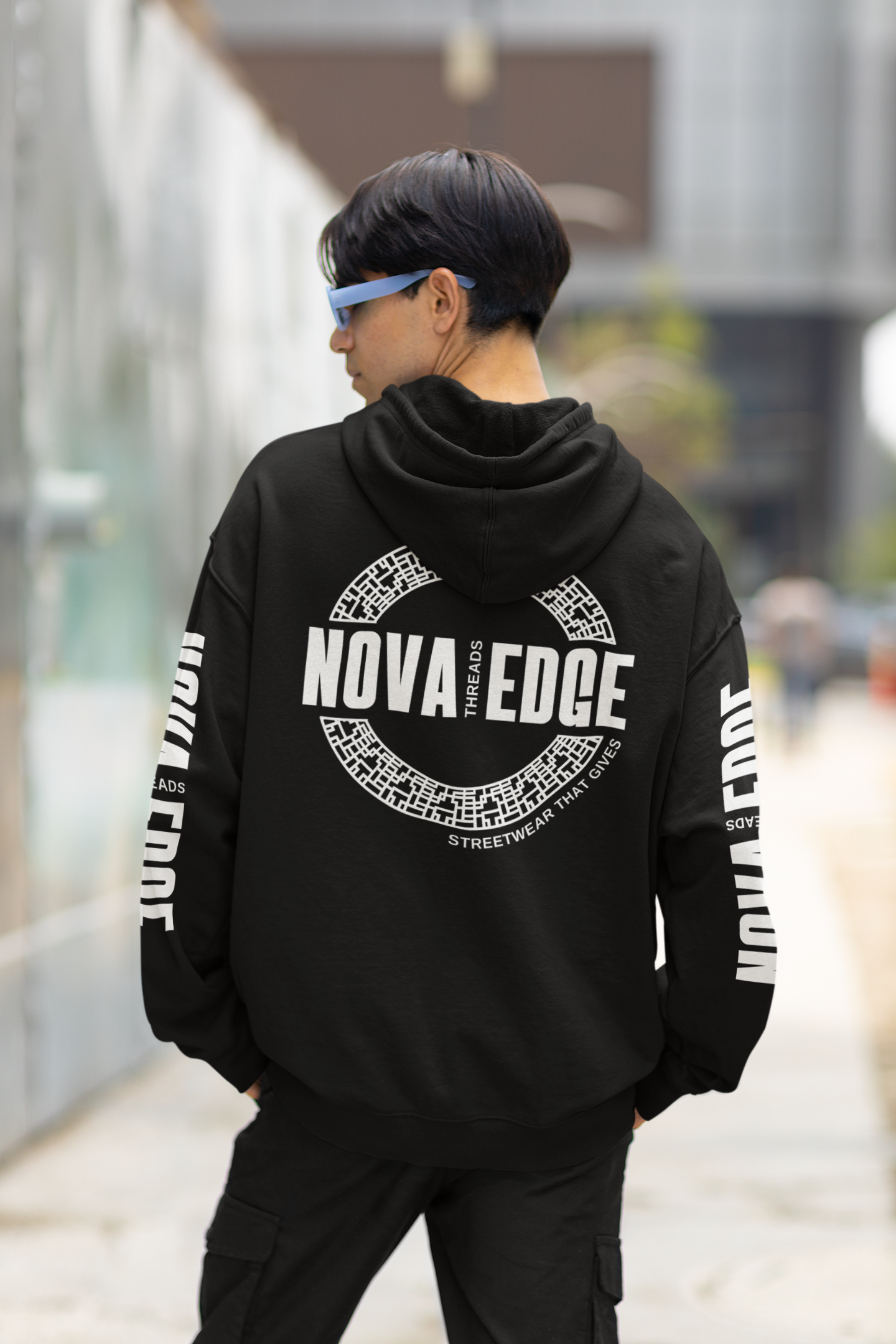 Nova Edge Threads Logo Black or Gray Sweatshirt with Sleeve and Back Designs Eco Raglan Hoodie