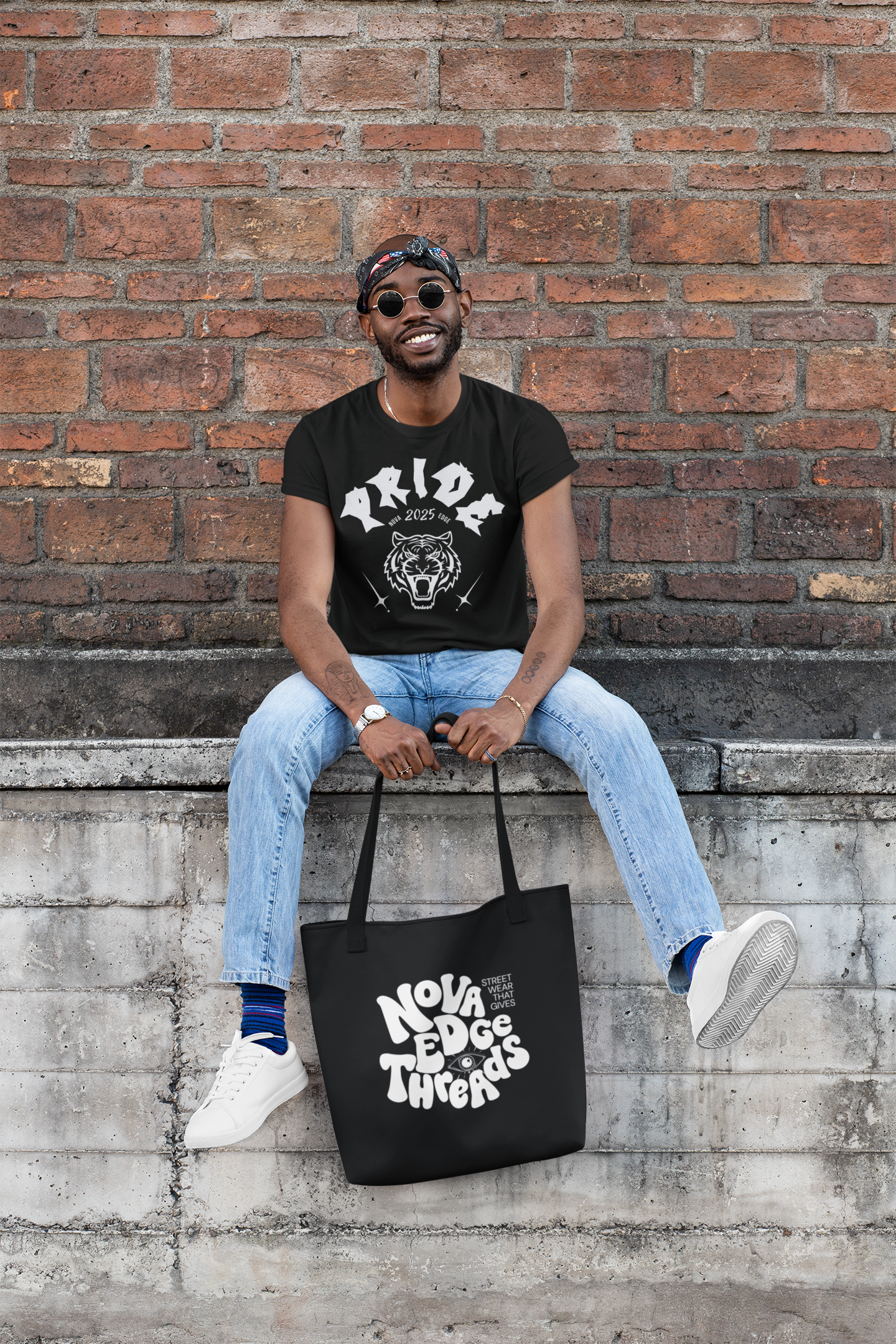 Groovy Bubble Letters spelling Nova Edge Threads in White on Black Carrying Bag