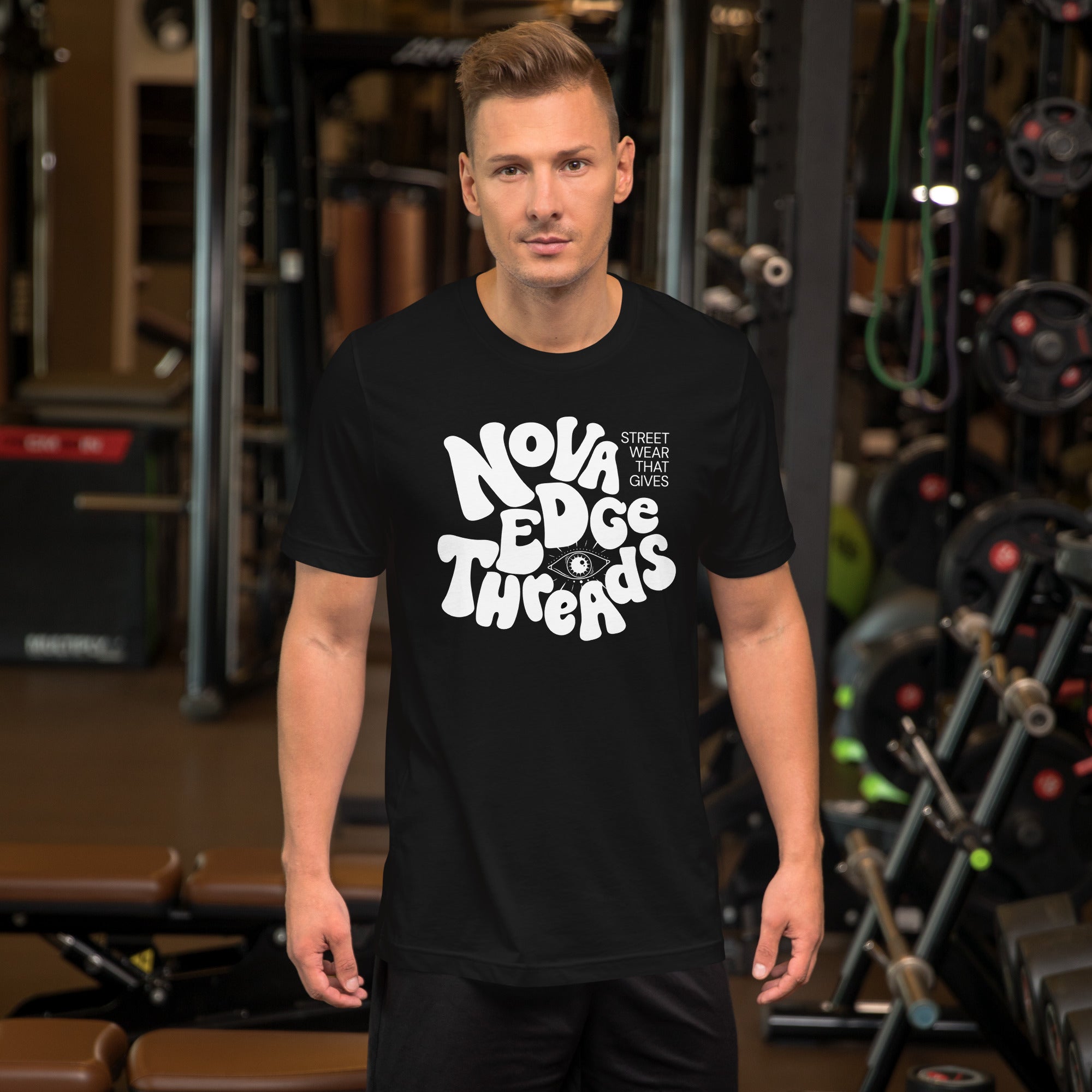 Nova Edge Threads Bubble Letter T-Shirt White Lettering on Black Tee