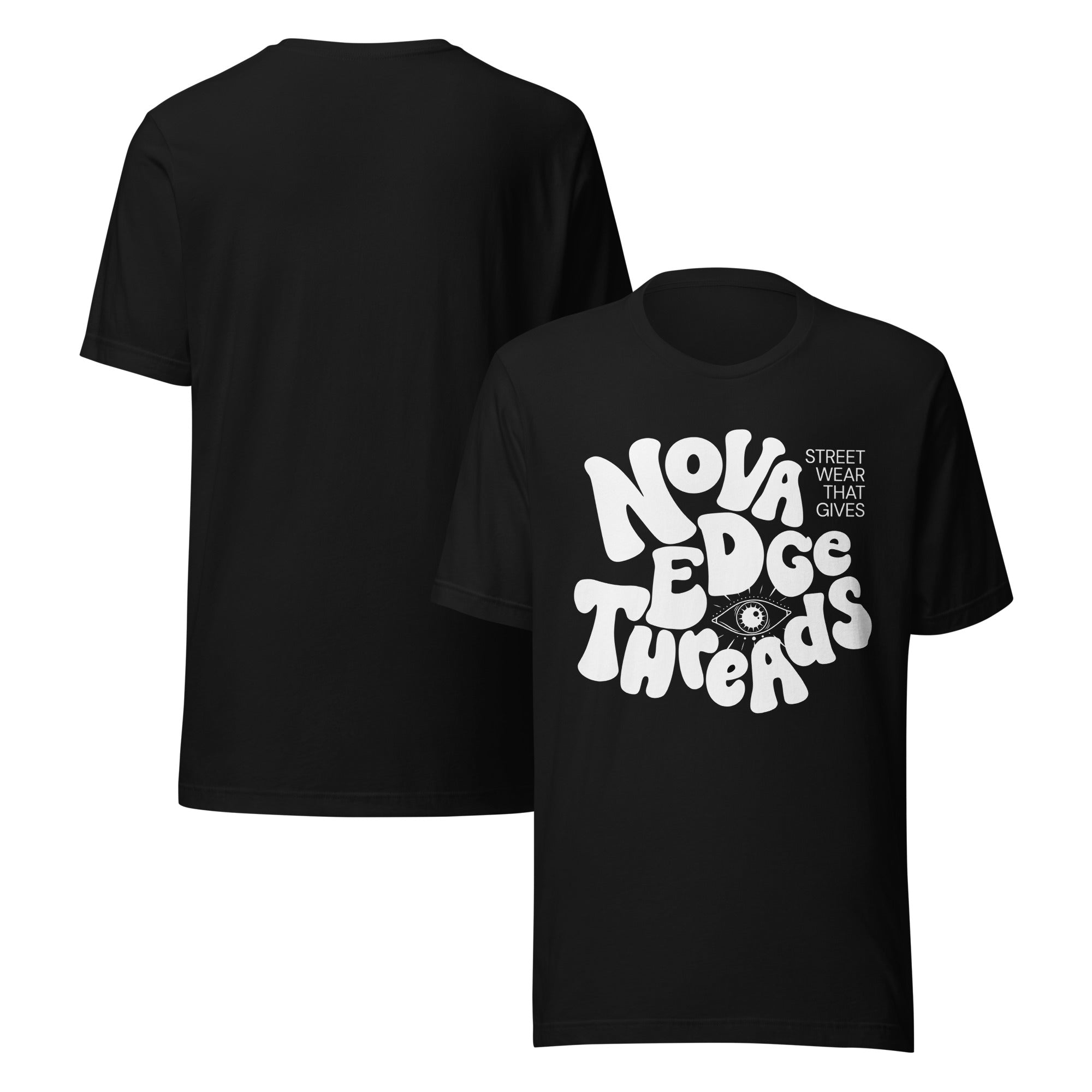 Nova Edge Threads Bubble Letter Graphic Tee White Lettering on Black T-Shirt