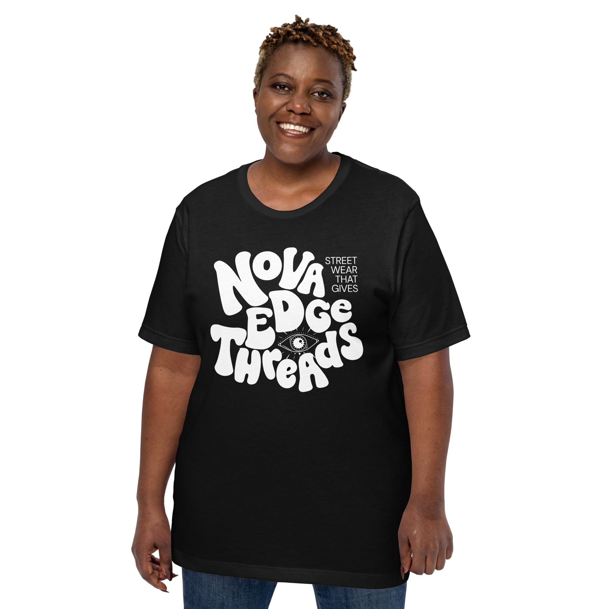 Nova Edge Threads Bubble Letter Graphic Tee White Lettering on Black T-Shirt