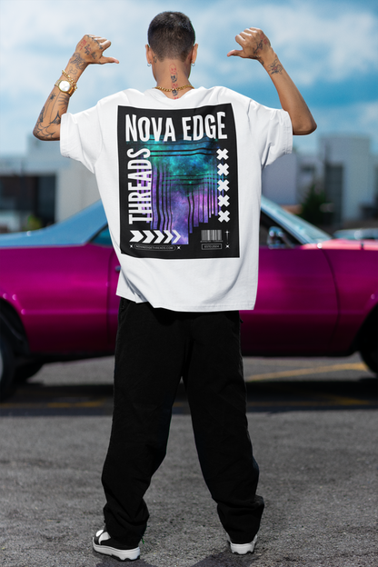 Nova Edge Threads Pink Blue Purple Team Galaxy Graphic Tee LGBTQIA2S+ Pride on back of White Oversize Deep Drop Shoulder Tee - 190 GSM