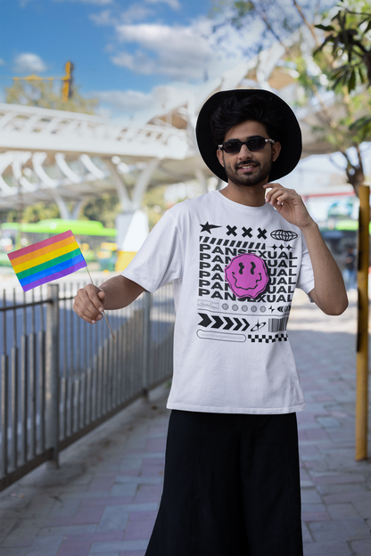 Pansexual Pride T-Shirt Streetwear Style on front of White Oversize Deep Drop Shoulder Tee - 190 GSM