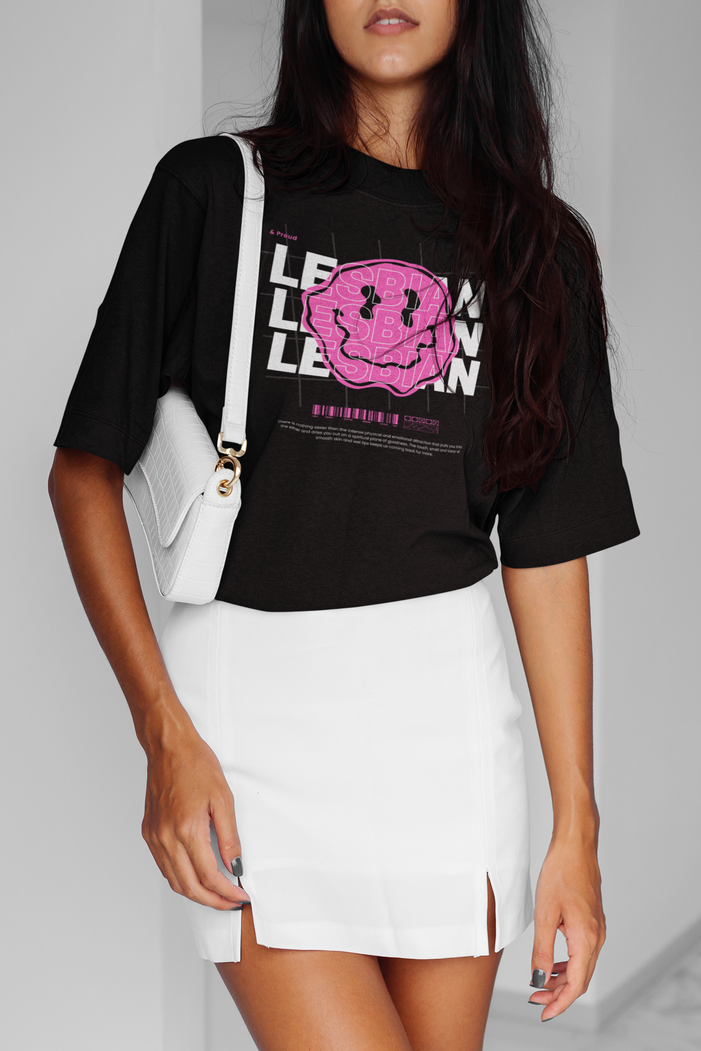 Lesbian Pride T-Shirt Streetwear Style Black Pink Smiley on Black Oversize Deep Drop Shoulder Tee - 190 GSM