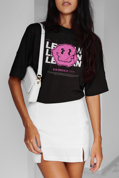 Lesbian Pride T-Shirt Streetwear Style Black Pink Smiley on Black Oversize Deep Drop Shoulder Tee - 190 GSM