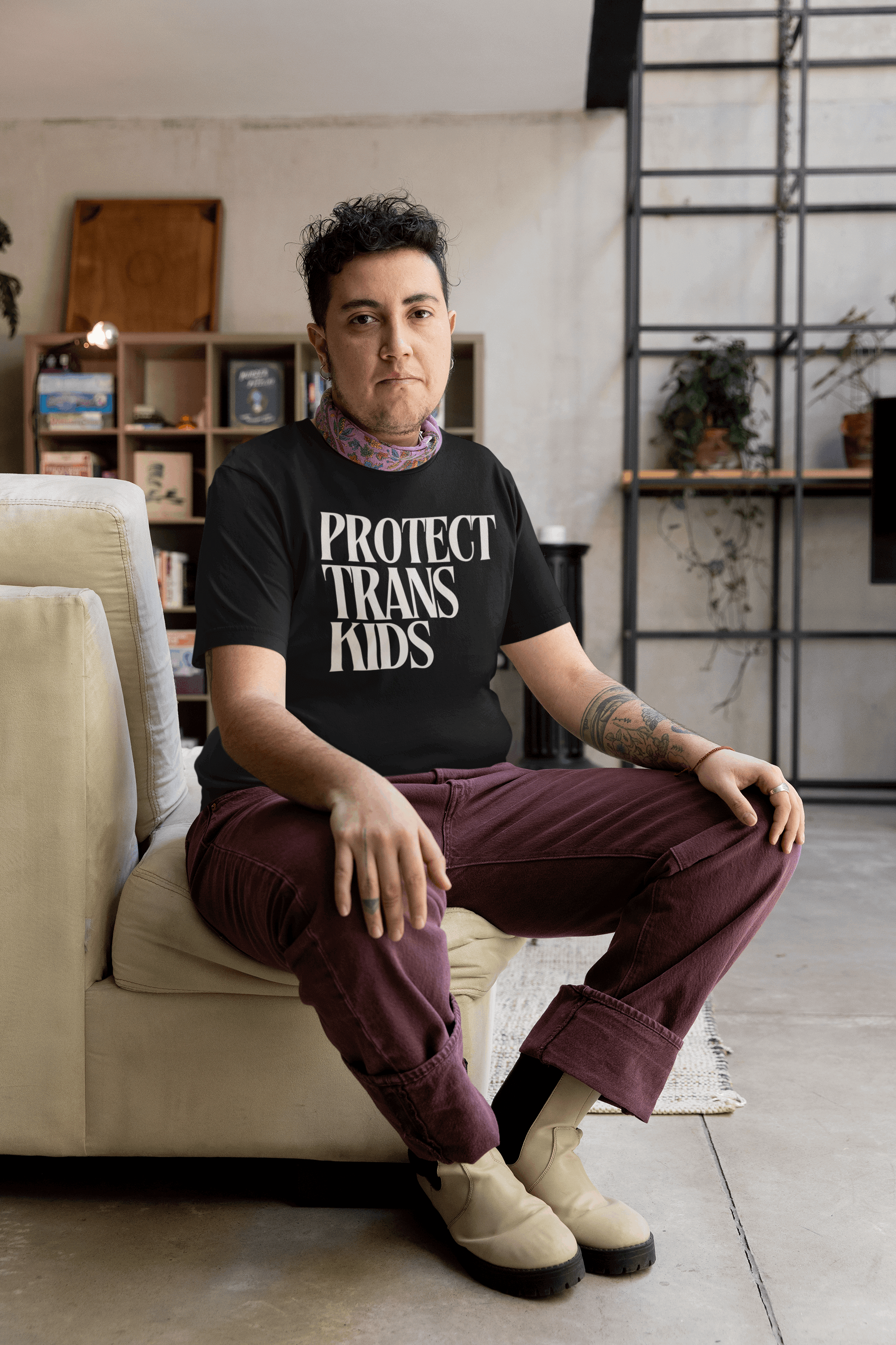 Protect Trans Kids Protest Tee Cream Text on Black Oversize Deep Drop Shoulder Tee Oversize Deep Drop Shoulder Tee - 190 GSM