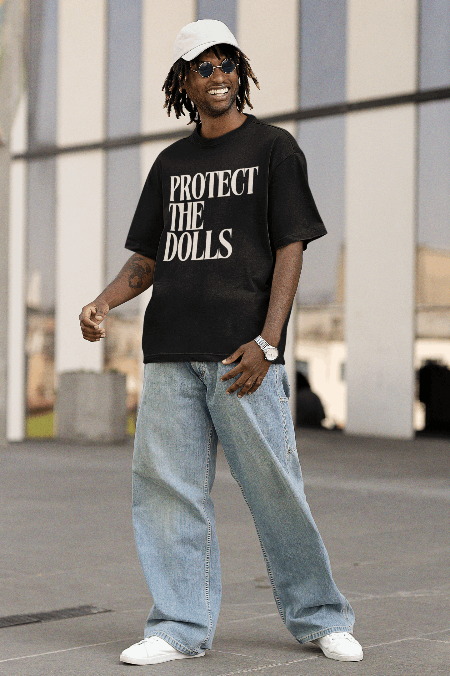 Protect the Dolls Protest Tee Cream Text on Black Oversize Deep Drop Shoulder Tee Oversize Deep Drop Shoulder Tee - 190 GSM