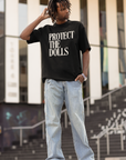 Protect the Dolls Cream Text on Black Oversize Deep Drop Shoulder Tee