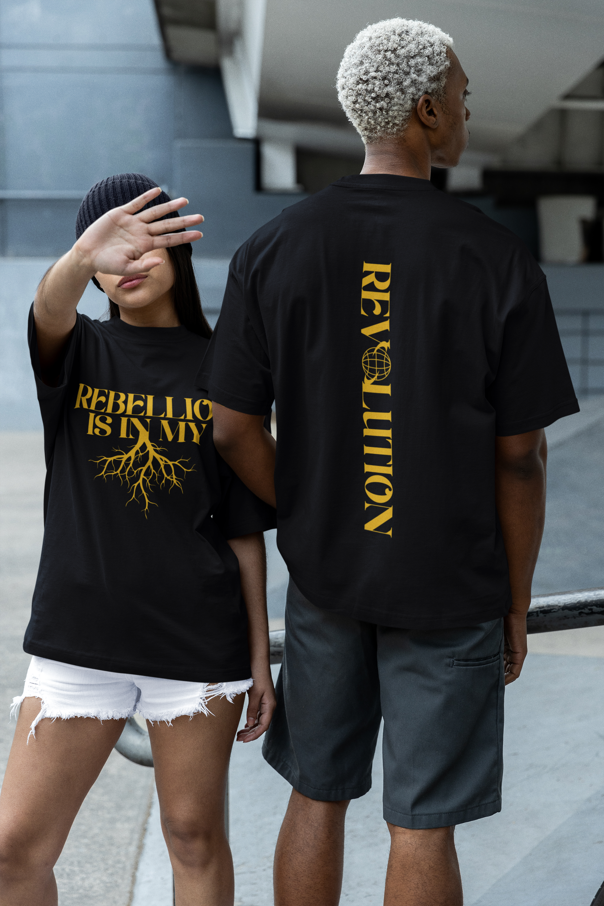 Revolution Black & Yellow Spine Graphic Tee Global Oversize Tee Oversize Deep Drop Shoulder Tee - 190 GSM
