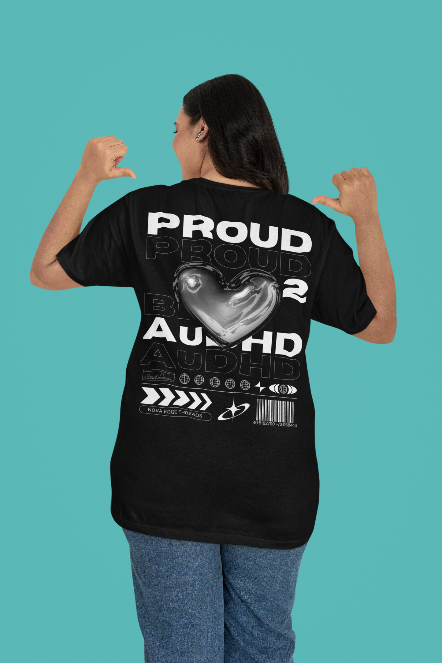 Proud to be AuDHD Graphic Tee Chrome Heart Streetwear ADHD and Autism Pride Oversize Deep Drop Shoulder Tee - 190 GSM