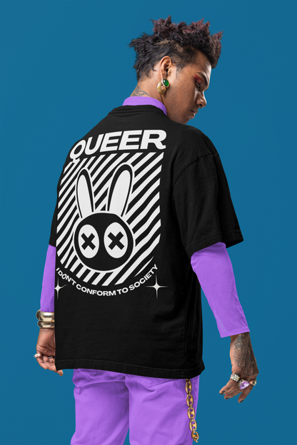 Queer Graphic Tee I Don't Conform to Society on Black Oversize Deep Drop Shoulder Tee - 190 GSM