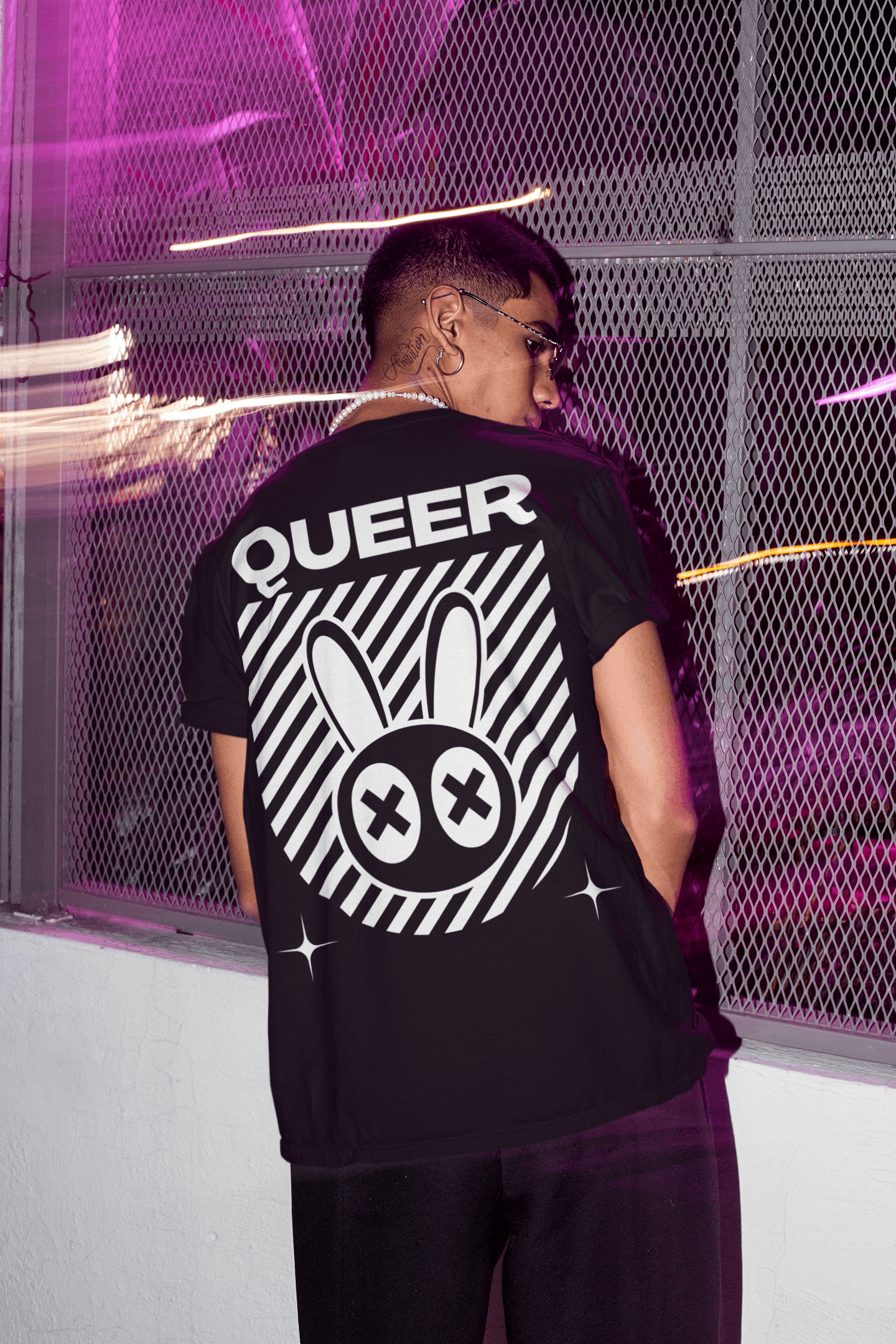Queer Mad Rabbit Graphic T-Shirt Streetwear Style back of Black Oversize Deep Drop Shoulder Tee