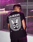 Queer Mad Rabbit Graphic T-Shirt Streetwear Style back of Black Oversize Deep Drop Shoulder Tee