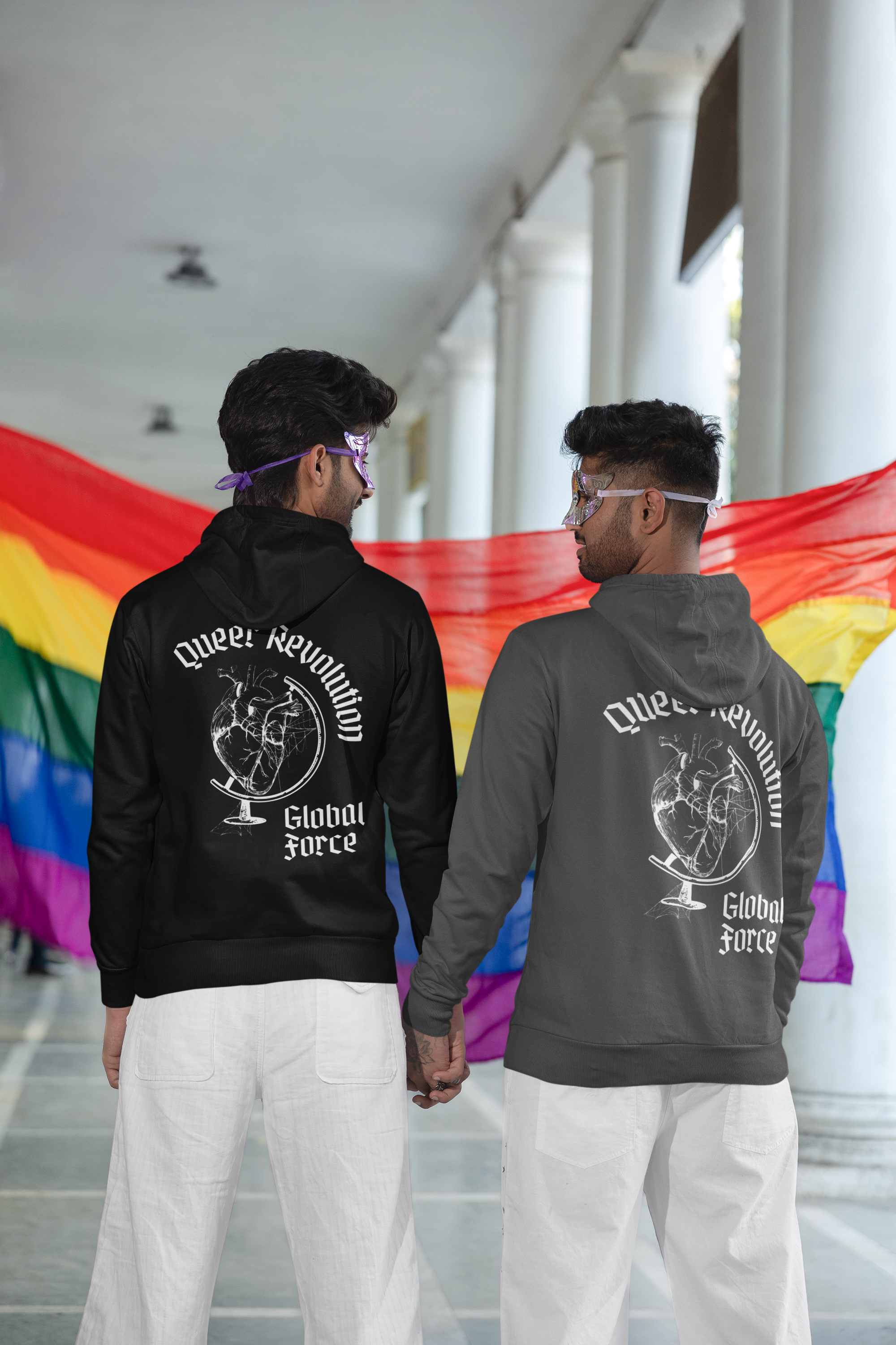 Queer Revolution, Global Force Graphic Sweatshirt LGBTQIA2S+ Pride on back of Black or Gray Eco Raglan Hoodie Eco Raglan Hoodie