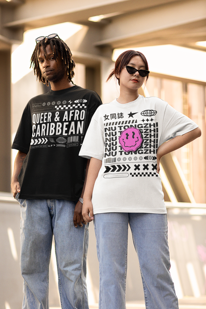 NuTongzhi Intersectional Pride Chinese Streetwear Graphic Tee on White Oversize Deep Drop Shoulder Tee - 190 GSM