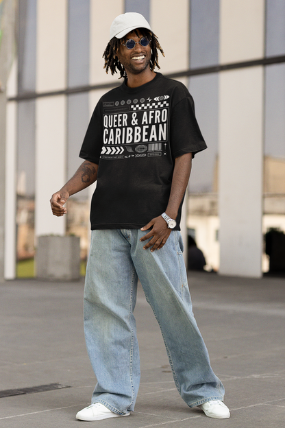 Queer & Afro Caribbean Graphic Tee Streetwear Look Intersectional Pride Oversize Deep Drop Shoulder Tee - 190 GSM