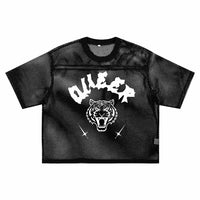 Queer Pride Punk Tattoo Inspired Design on front of Black See-through Boxy Net T-shirt See-through Boxy Net T-Shirt