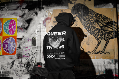 Queer & Trans Graphic Hoodie Streetwear Style Chrome Heart LGBTQIA2S+ Pride on back of Black Eco Raglan Hoodie